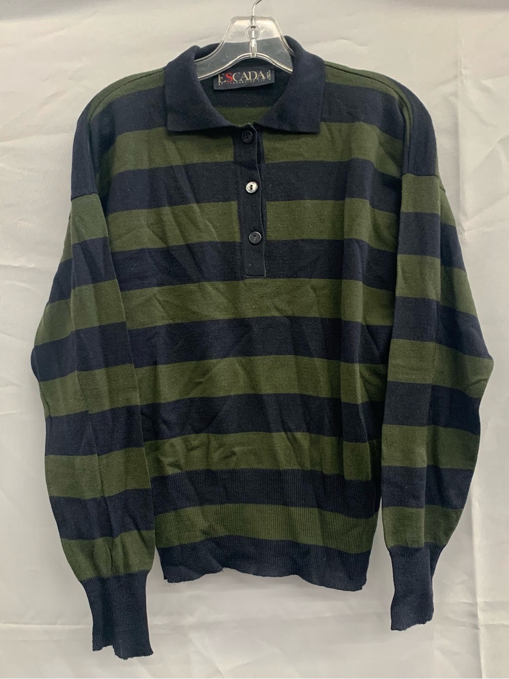 Escada Men’s Navy and Olive Green Striped Polo Sweater